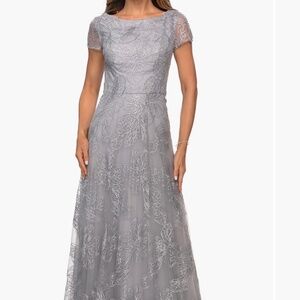 La Femme Beautiful Sequin Lace A-line Gown with Sheer Short Sleeves ($398)
